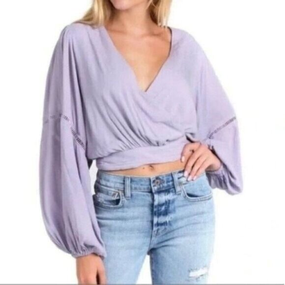 Free People Dream Girl Top Ballet Wrap Long Balloon Sleeve Deep V-Neck Crop XS - Picture 1 of 11